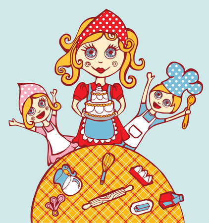 Mother and children sharing the art of cooking at home.のイラスト素材