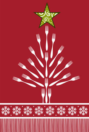 Christmas Tree Cutlery background. Forks forming a tree with a shiny green star on top over red background.のイラスト素材