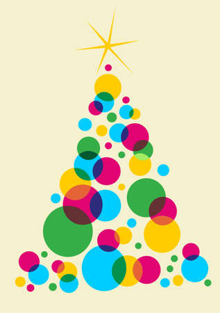 Cyan, magenta and yellow bubbles forming a Christmas tree with a shiny white star on top. Green background. のイラスト素材