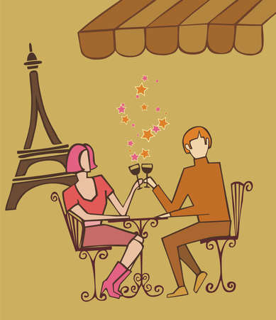 Couple enjoy Paris at a restaurant near the Eiffel tower on brown warm tones palette background.のイラスト素材