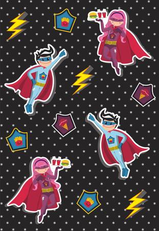Superheroes kids floating in the air with a tray of fast food in hand on black background with little stars.のイラスト素材