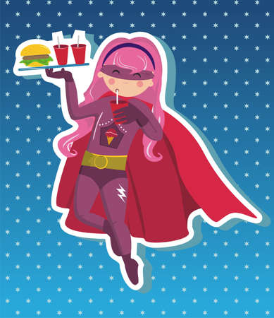  Superhero girl flying with tray in your hand with fast food on blue background with little starsのイラスト素材