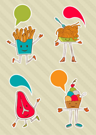 Coloured food cartoons with dialogue balloon on beige background.のイラスト素材