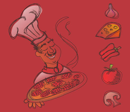 Chef with a pizza in the hands and ingredients of the italian pizza on red background. のイラスト素材