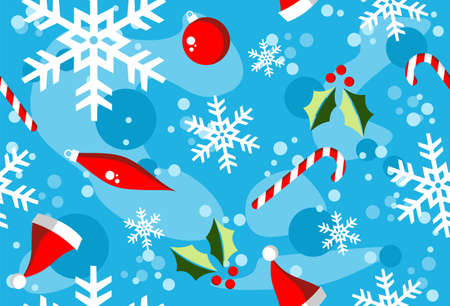 Christmas season illustration with snow, balls and candy over cyan background.のイラスト素材