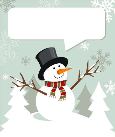 Snowman illustration wearing hat and scarf with dialogue balloon on snowy background. のイラスト素材