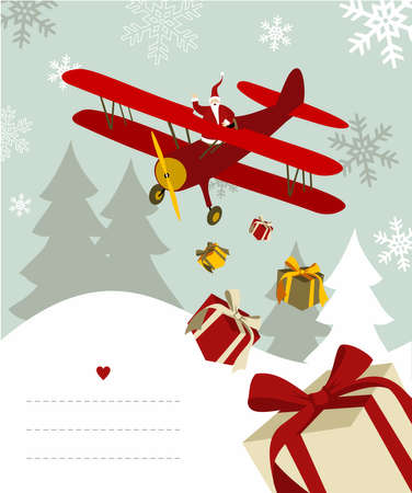 Santa Claus throwing gifts from an airplane with blank lines to write on snowy background. のイラスト素材