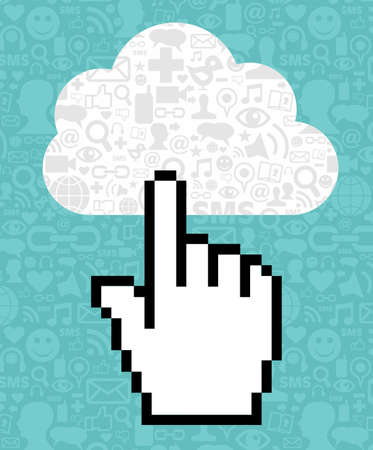 Cursor icon hand clicking on a cloud with icons of social media on blue background. Vector file available.のイラスト素材