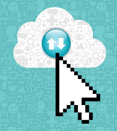 Arrow cursor clicking on a cloud with icons of social media on blue background.のイラスト素材