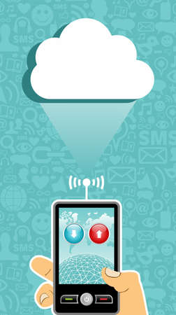 Hand holding a cell phone under one cloud on blue background with social media icons. 
のイラスト素材