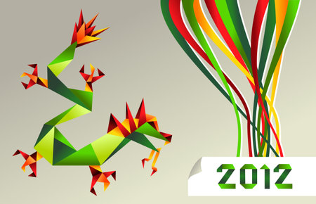 Single colorful China origami dragon with 2012 year on gray background.  のイラスト素材