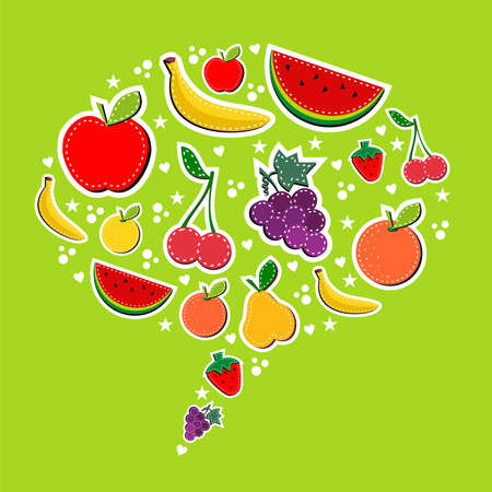 Love eat fruits bubble composition in block colors. Useful illustration background for food industry ads designのイラスト素材