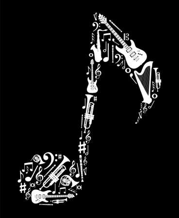 Love for music concept illustration. High contrast musical instruments icon set in note shape background. のイラスト素材