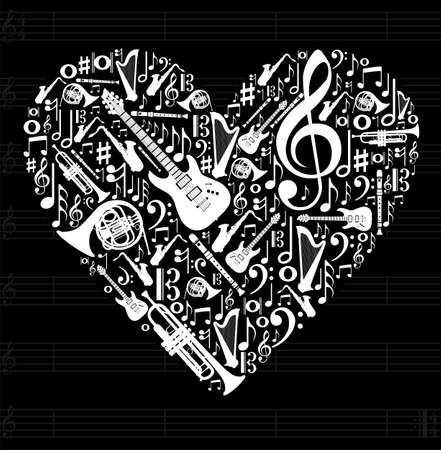 Love for music concept illustration. High contrast musical instruments icon set in heart shape background. のイラスト素材