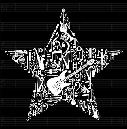 Love for music concept illustration. High contrast musical instruments icon set in star shape background. のイラスト素材