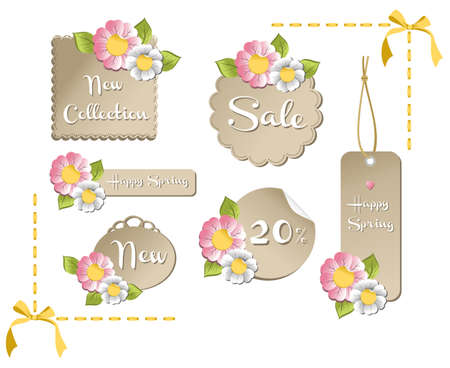 New happy spring labels collection with season flowers background. Vector file available.のイラスト素材