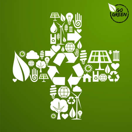Green icons set in plus sign shape background. Vector file available.のイラスト素材