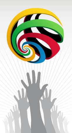 Hands silhouettes trying to reach a colorfull sports competition globe over white background. Vector file layered for easy manipulation and customisation.のイラスト素材