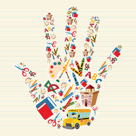 School tools and Supplies in hand shape background.