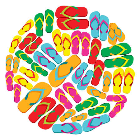 Circle made with multicolored flip flops isolated over white background file layered for easy manipulation and custom coloring のイラスト素材