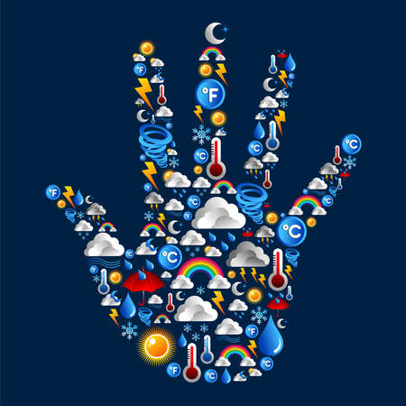 Weather icons set in hand shape over blue background のイラスト素材