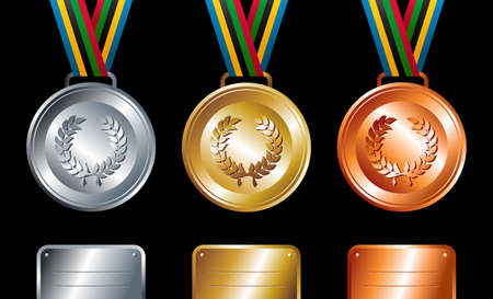 Sport gold, silver and bronze medals with ribbon elements set background. Vector file layered for easy manipulation and customisation.のイラスト素材
