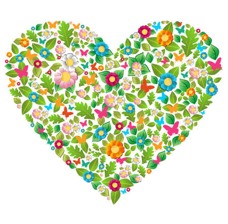 Leaf, flower and butterfly in love heart shape  のイラスト素材