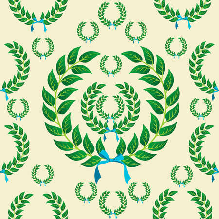 Laurel wreath with a skyblue ribbons seamless pattern background. Vector illustration layered for easy manipulation and customisation.のイラスト素材