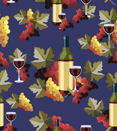 Wine Bottle and glass with grapes seamless pattern background. Vector illustration layered for easy manipulation and custom coloring.のイラスト素材
