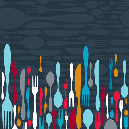 Multicolored cutlery icons pattern background. Vector illustration layered for easy manipulation and custom coloring.のイラスト素材