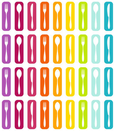 Silverware icons seamless pattern background. Colorful fork, knife and spoon silhouette. Vector illustration layered for easy manipulation and custom coloring.のイラスト素材