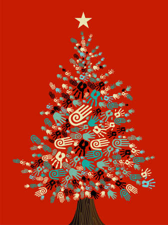 Diversity Christmas Tree hands background for greeting card. Vector illustration layered for easy manipulation and custom coloring.のイラスト素材