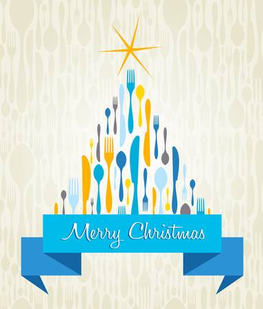 Cutlery Christmas Tree greeting card  Fork, spoon and knife in season pine shape with ribbon  Vector illustration layered for easy manipulation and custom coloring のイラスト素材