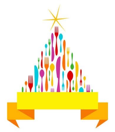 Cutlery Christmas Tree isolated greeting card template  Fork, spoon and knife in season pine shape with ribbon  Vector illustration layered for easy manipulation and custom coloring のイラスト素材