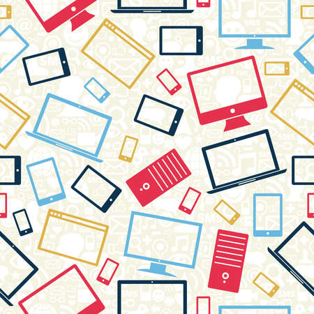 Multicolored gadgets icons seamless pattern over social media backgroundのイラスト素材