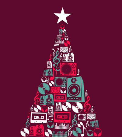 Dj music retro icon set in Christmas pine tree shape illustration background   illustration layered for easy manipulation and custom coloring のイラスト素材