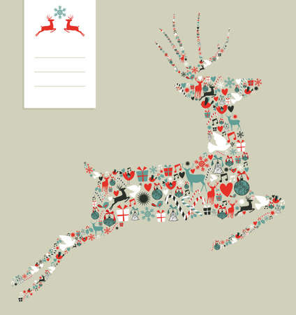 Christmas icons set in jumping deer greeting card background.  illustration layered for easy manipulation and custom coloring.のイラスト素材