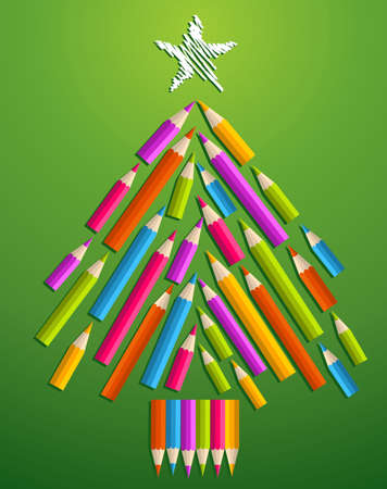 Multi colored art pencils in Christmas pine tree greeting card illustration layered for easy manipulation and custom coloring のイラスト素材