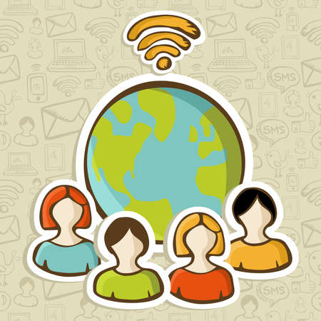 Internet diversity global people connection over sketch icons seamless pattern. Vector illustration layered for easy manipulation and custom coloring.のイラスト素材