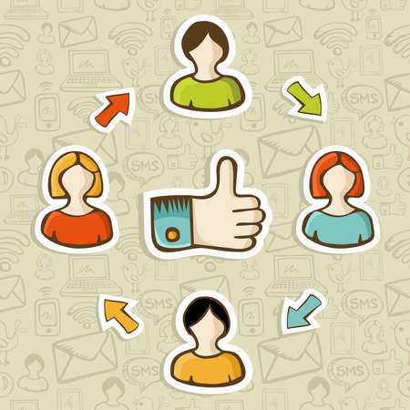 Thumb up friendship social media diagram over seamless pattern background  Vector illustration layered for easy manipulation and custom coloring のイラスト素材