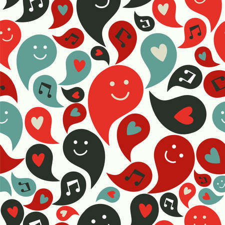 Happy musical smiley faces in speech bubbles seamless pattern background. Vector file layered for easy manipulation and custom coloringのイラスト素材