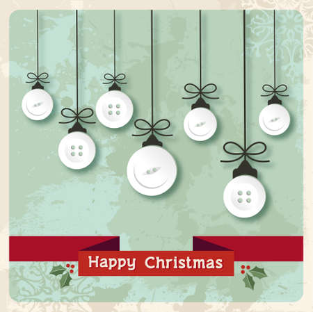 Vintage Christmas hanged baubles made of clothing buttons over grunge background. のイラスト素材