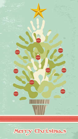 Diversity Merry Christmas Tree hands vintage greeting card. のイラスト素材