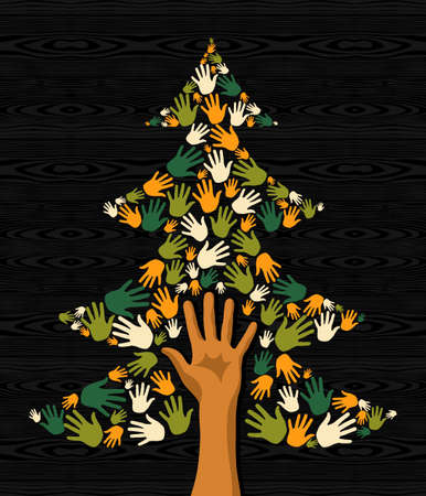 Diversity eco friendly Christmas Tree hands background for greeting card のイラスト素材