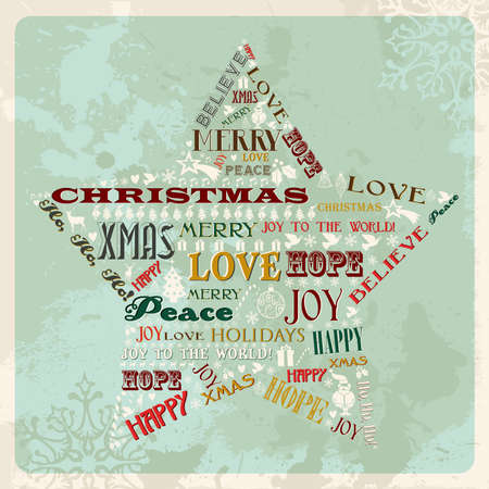 Vintage Merry Christmas concept words in star shape. Vector illustration layered for easy manipulation and custom coloring.のイラスト素材