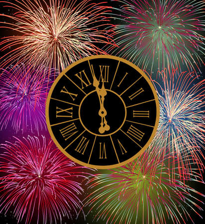 Happy New Year fireworks eve night time with clock with transparencies layered for easy manipulation and customization のイラスト素材