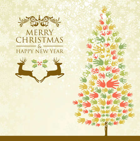 Diversity Merry Christmas and happy new year tree hands background for greeting card illustration layered for easy manipulation and custom coloring のイラスト素材
