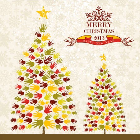 Diversity Merry Christmas and happy new year tree hands background for greeting card illustration layered for easy manipulation and custom coloring のイラスト素材