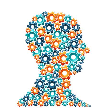 Human head with working gears in progress  Innovative thinking concept  Vector illustration layered for easy manipulation and custom coloring のイラスト素材