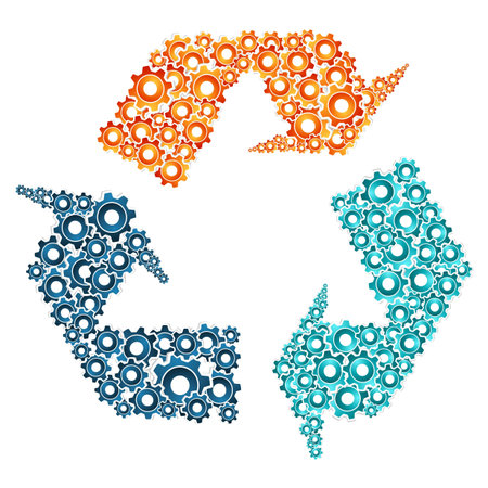 Recycle symbol shape made of multicolored engine gears icons  Vector illustration layered for easy manipulation and custom coloring のイラスト素材